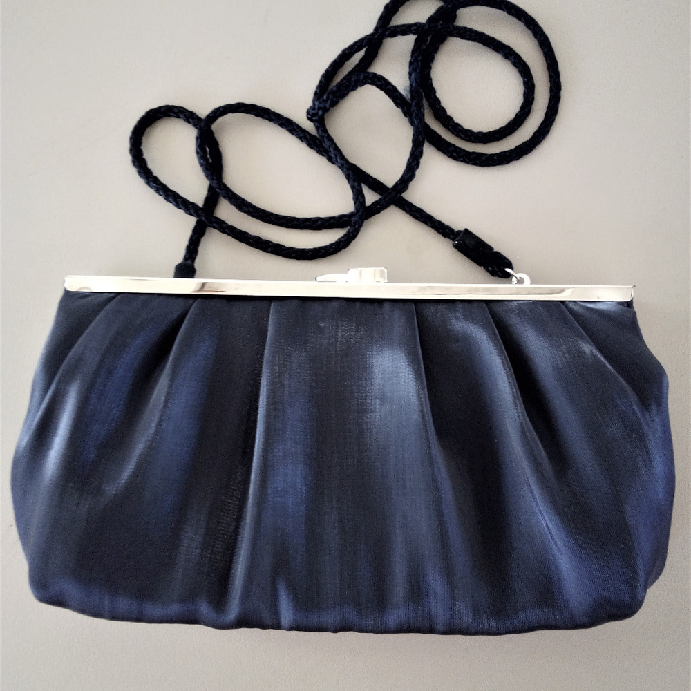RSVP Shiny Midnight Blue Satin Clutc Purse w/Strap
